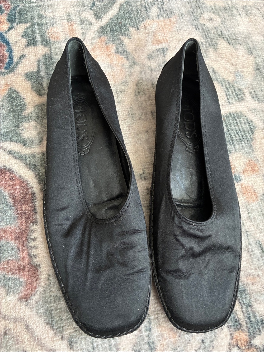 Tod's Black Satin Square-Toe Slip-On Loafers